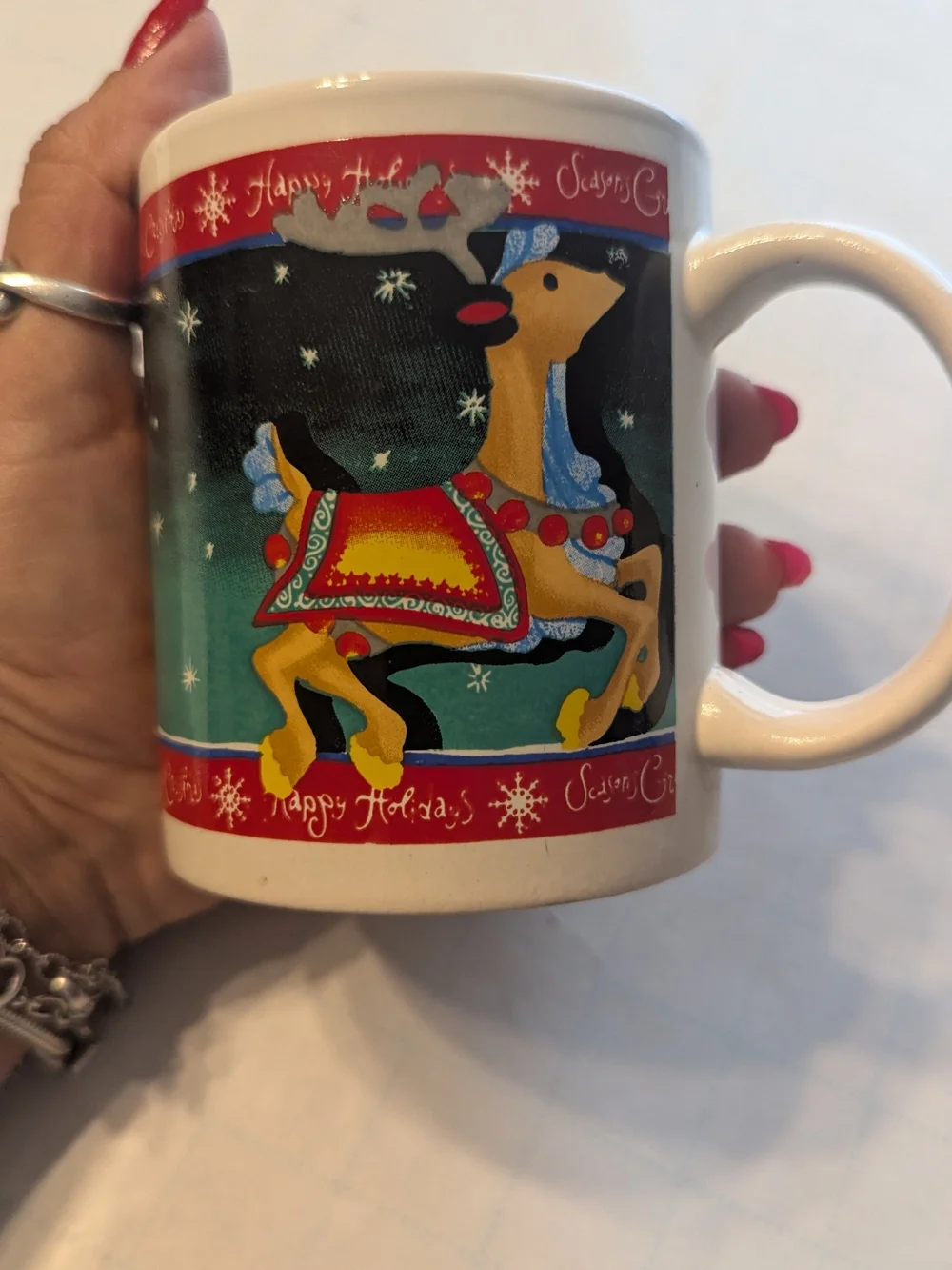Festive Reindeer Holiday Mug - Green and Red